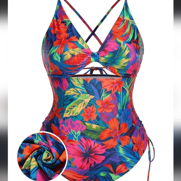 Tropical Floral One Piece Swimsuit Padded Beach Pool Party Vacation - Picture 2 of 7